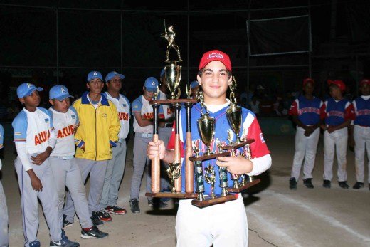 El jugador Oscar Vergez de República Dominicana (La Javilla)  con los trofeos ganados en el mundialito de Moca